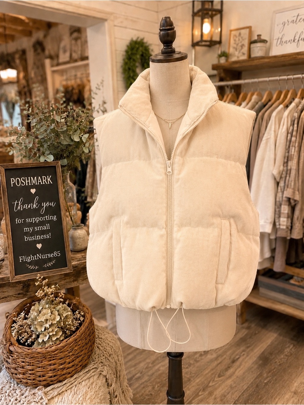 L&ENY Cream Corduroy Puffer Vest